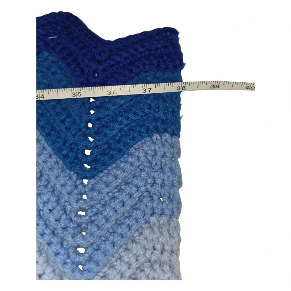 Handmade Afghan Blue Chevron Ripple Throw Blanket Cabin/Grandma Core 58x38